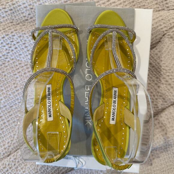 Manolo Blahnik Lucecry Satin Yellow Green Crystal Strappy High Heel Sandals 38 - Picture 7 of 11